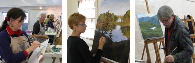 three images of students painting at easels in the studio in a group class