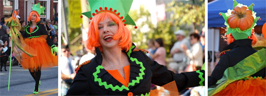 three photographs of laughing katharina dressed as pumpkinfest parade queen in 2012